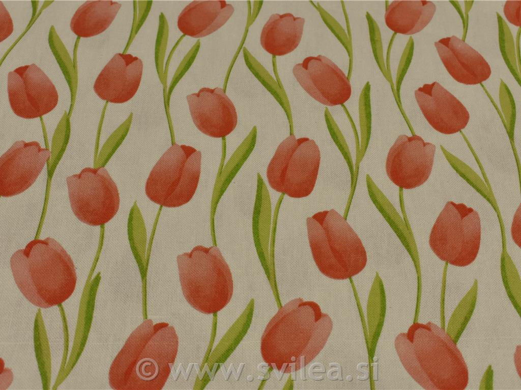 Dekorativno blago - tulipani losos barve na smetana osnovi