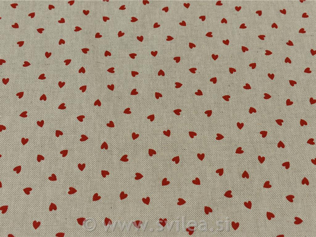 Dekorativno blago - rdeči drobni srčki na natur