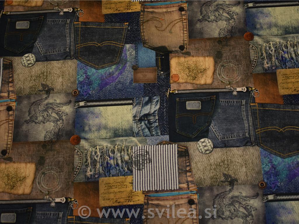 Dekorativno blago - žepi iz jeans hlač v modrih in rjavih odtenkih