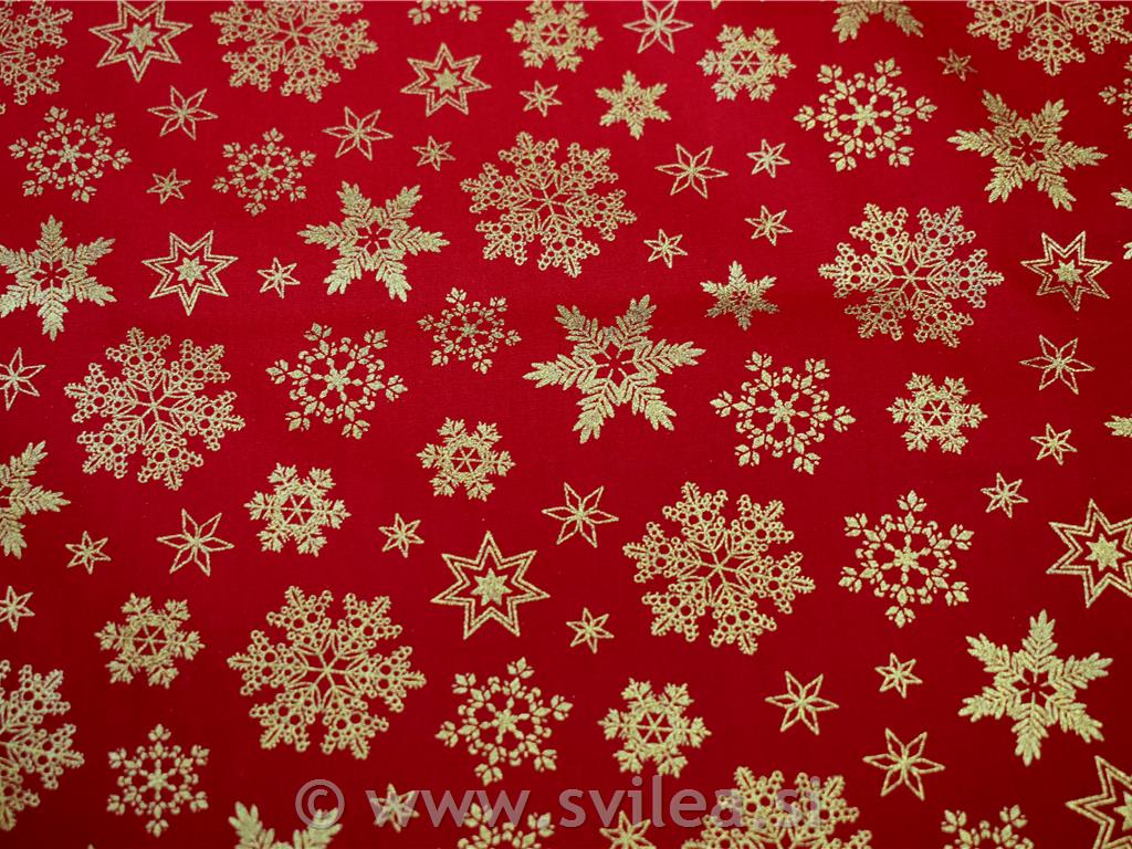 Bombažni poplin - zlate snežinke na rdeči