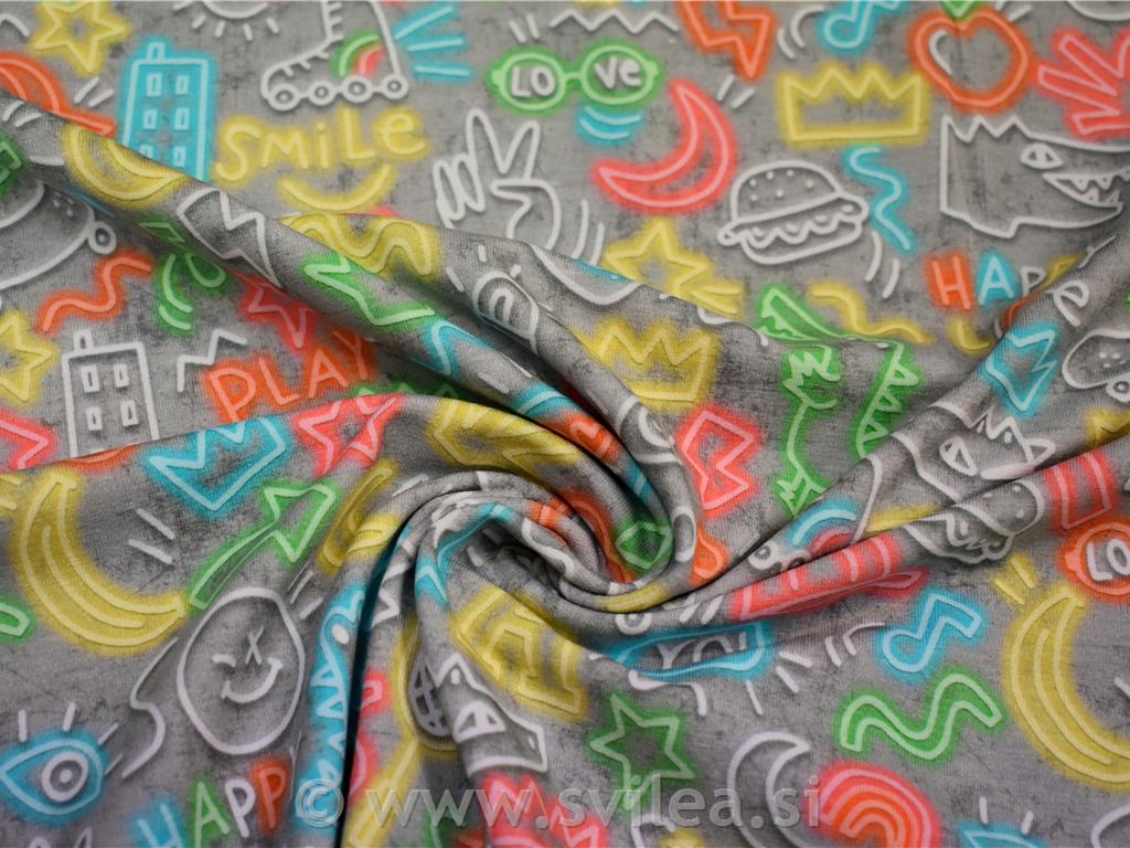 Jersey digital - barvne čačke (doodle) na svetlo sivi