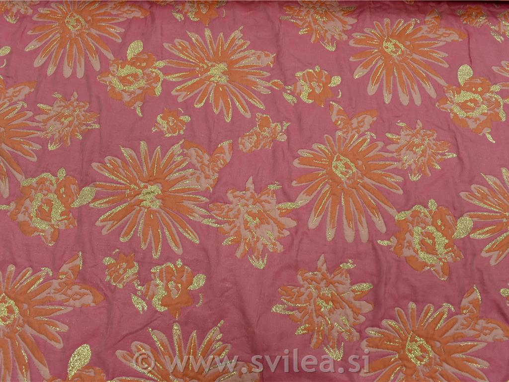 Jacquard - oranžne rože na pink ali pink rože na oranžni z zlatim lurexom