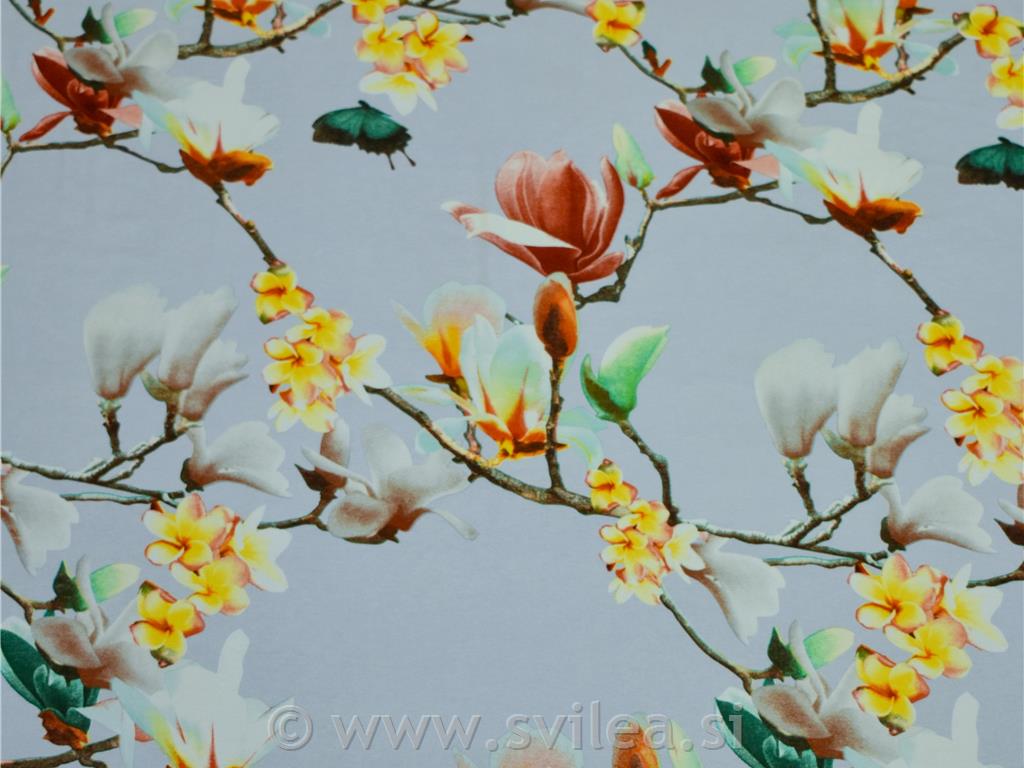 Viskozni jersey - magnolije na nežno modri osnovi