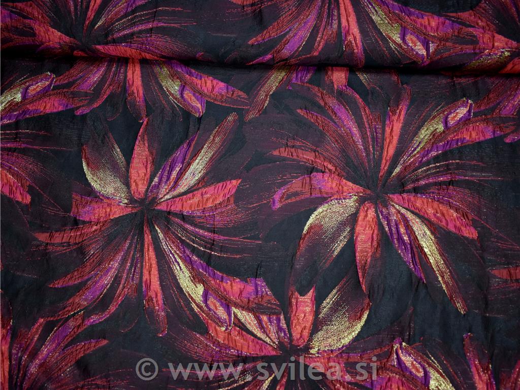 Jacquard - veliki bordo-ciklam-zlati cvetovi na črni