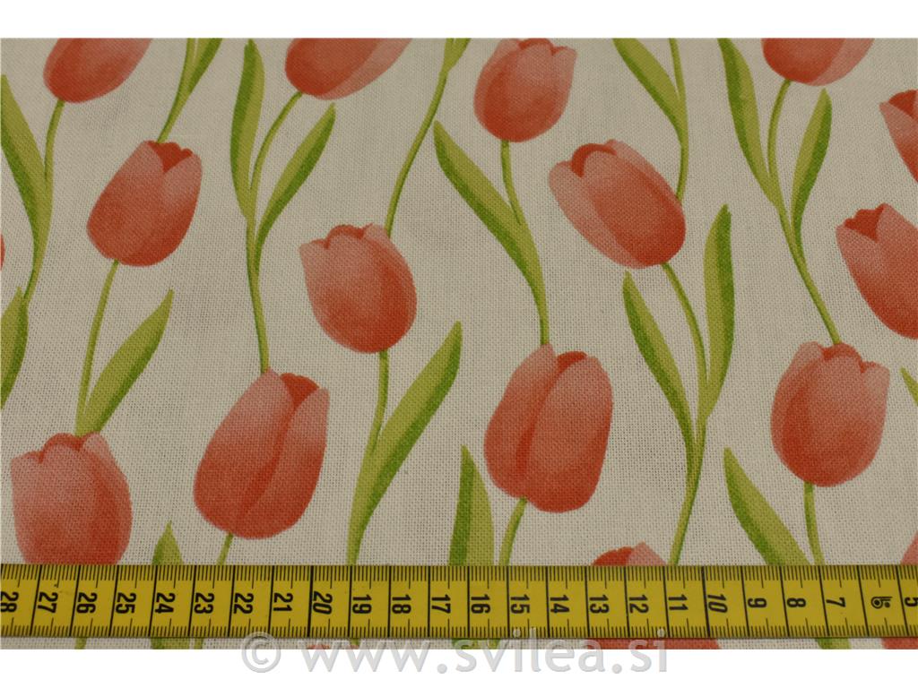 Dekorativno blago - tulipani losos barve na smetana osnovi