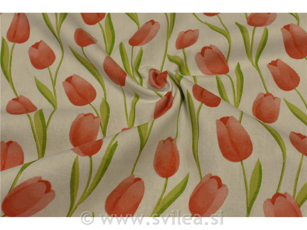 Dekorativno blago - tulipani losos barve na smetana osnovi