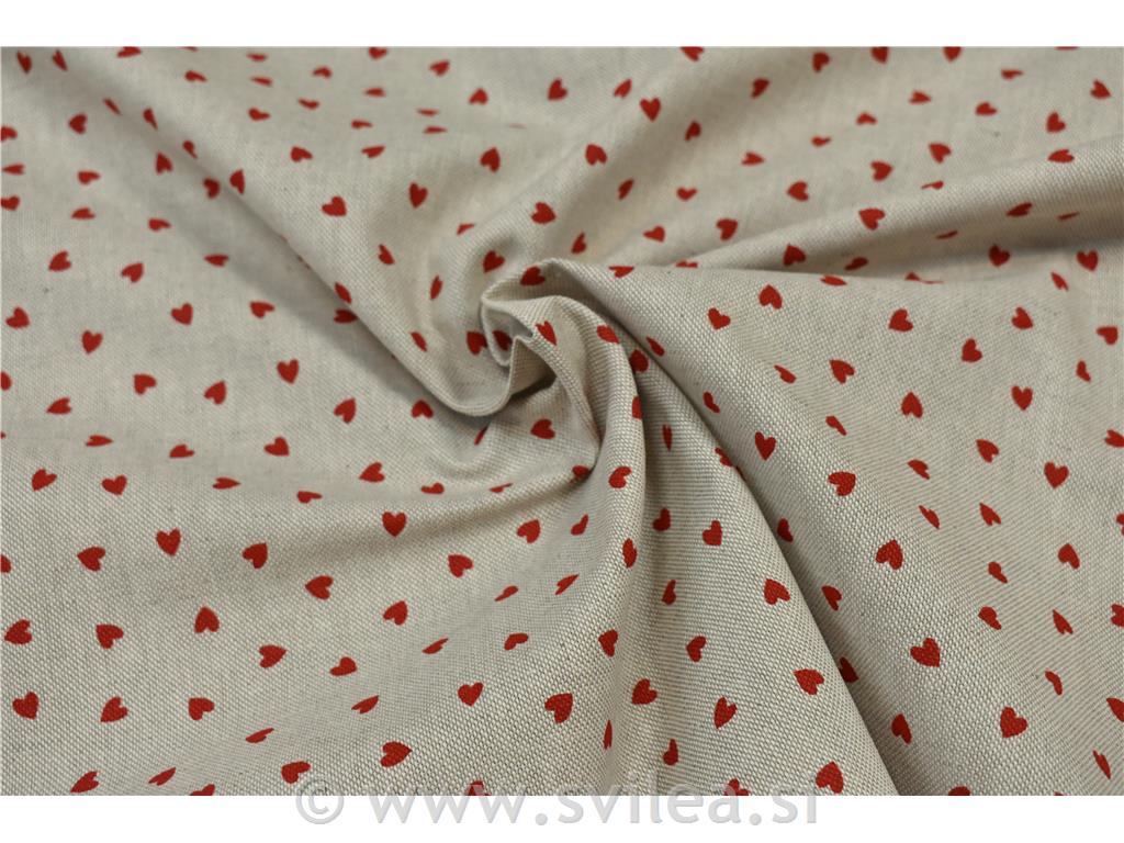 Dekorativno blago - rdeči drobni srčki na natur