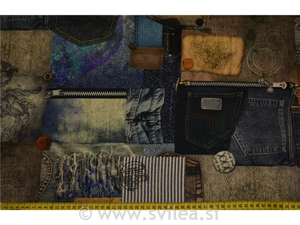 Dekorativno blago - žepi iz jeans hlač v modrih in rjavih odtenkih