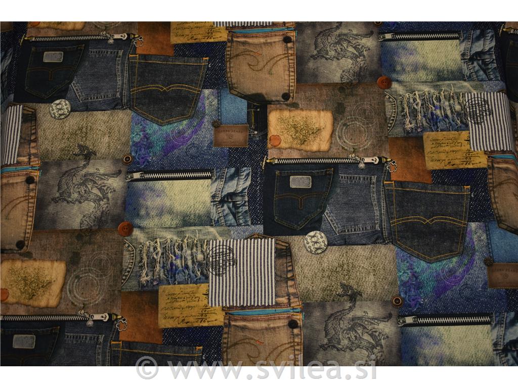 Dekorativno blago - žepi iz jeans hlač v modrih in rjavih odtenkih