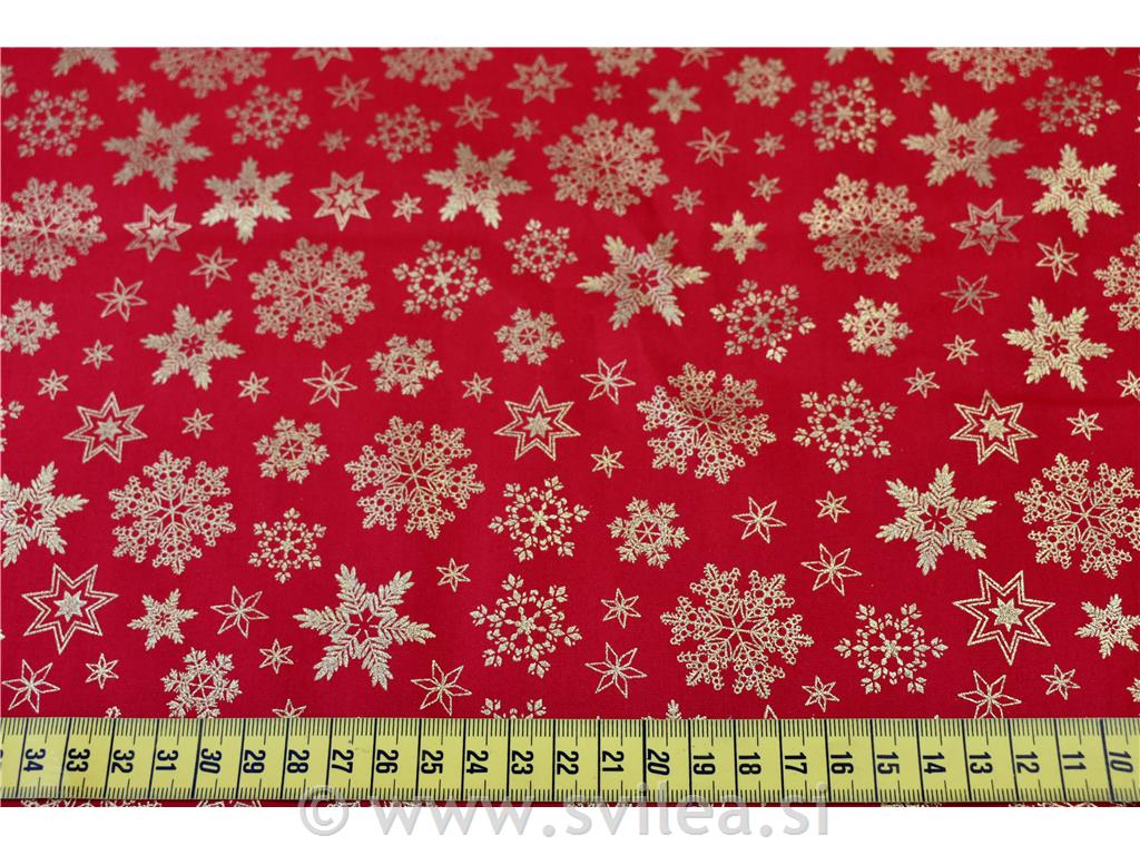 Bombažni poplin - zlate snežinke na rdeči