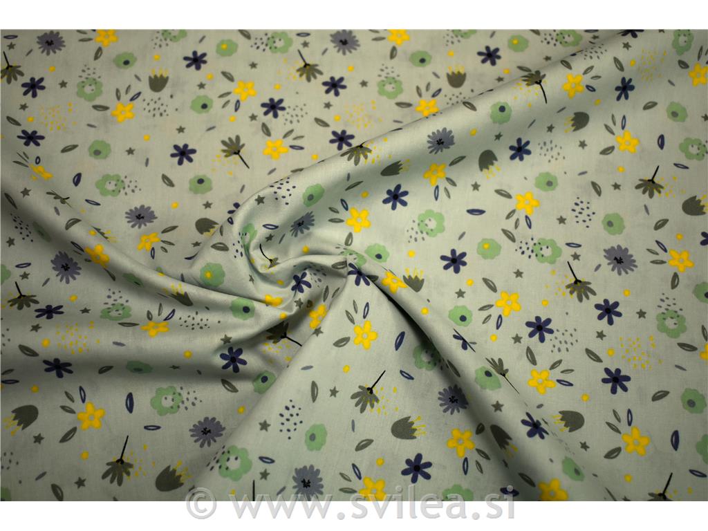 Poplin - drobne rožice na mint zeleni