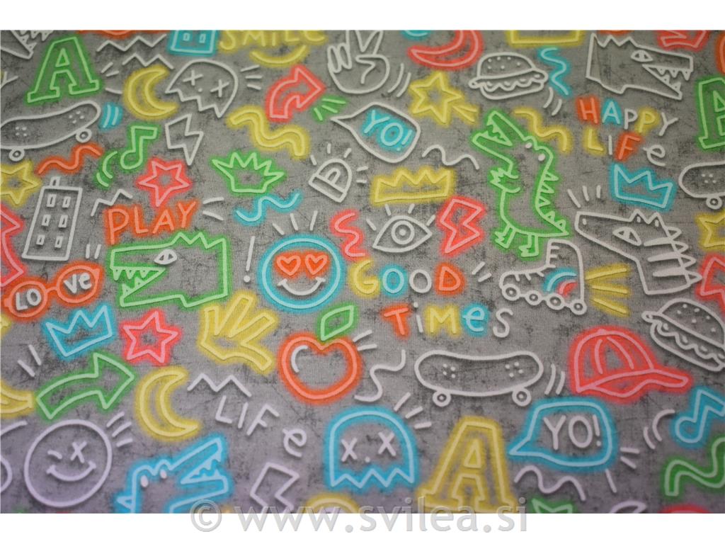 Jersey digital - barvne čačke (doodle) na svetlo sivi