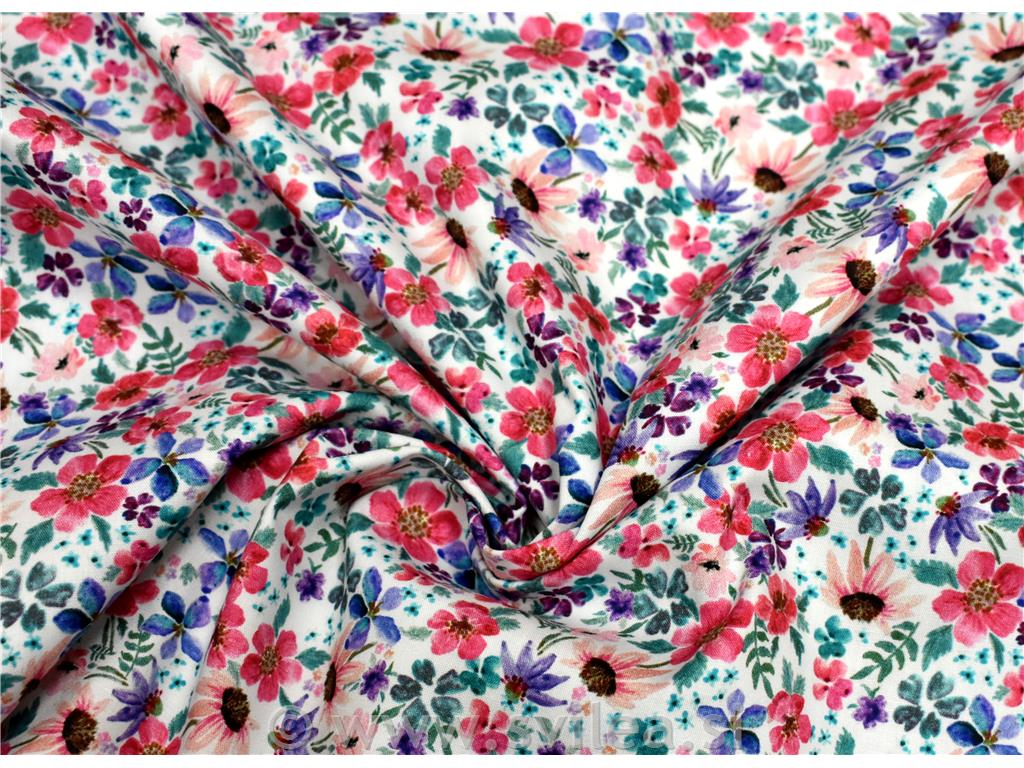 Poplin - drobne losos, lila in ciklam rožice na beli