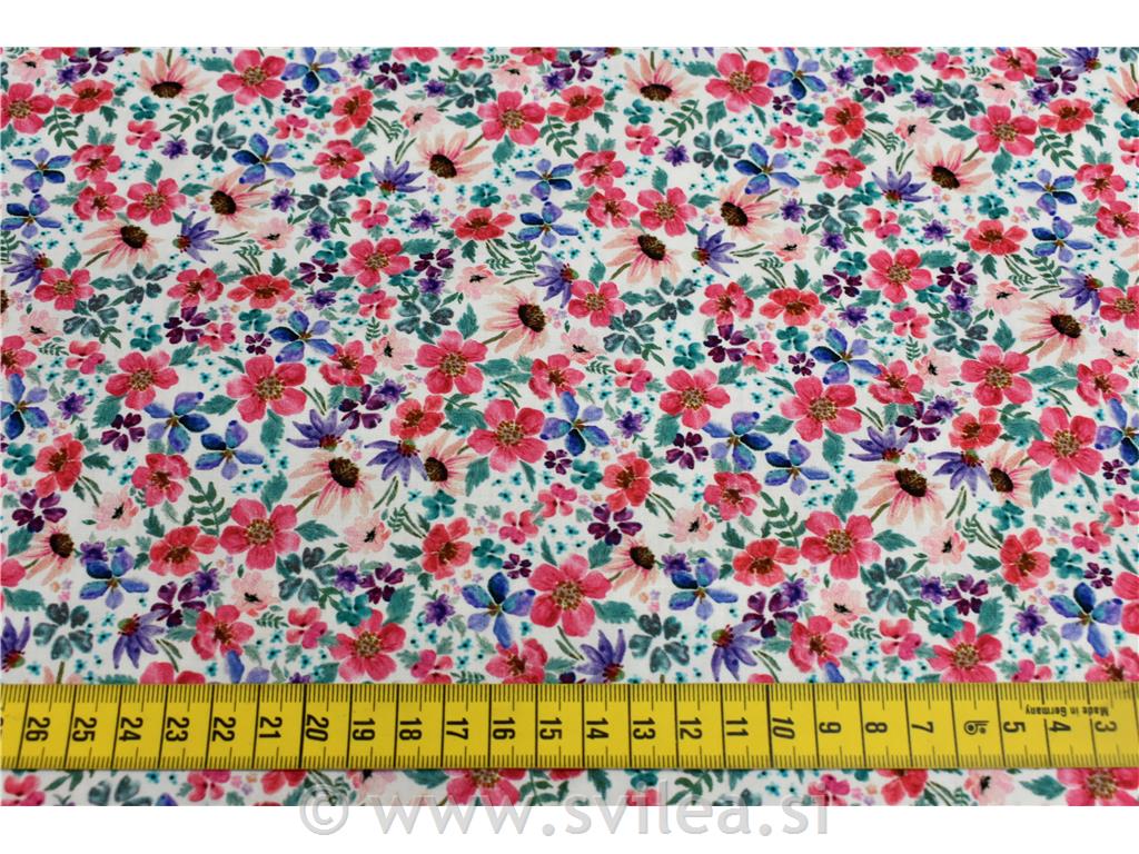 Poplin - drobne losos, lila in ciklam rožice na beli