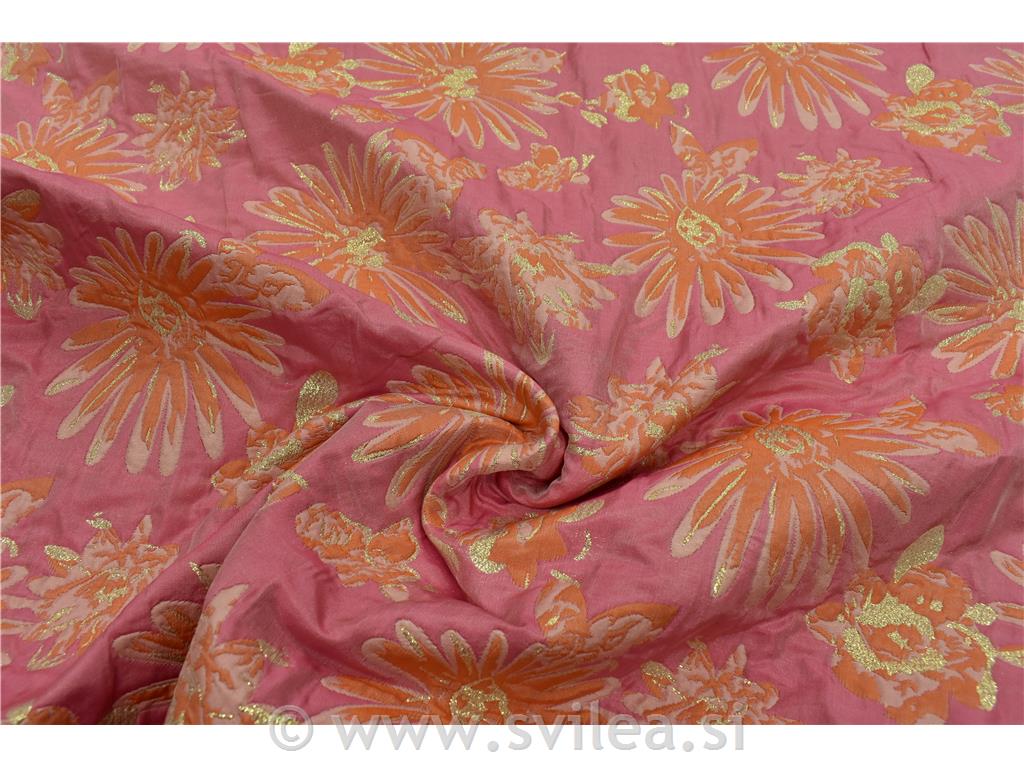 Jacquard - oranžne rože na pink ali pink rože na oranžni z zlatim lurexom