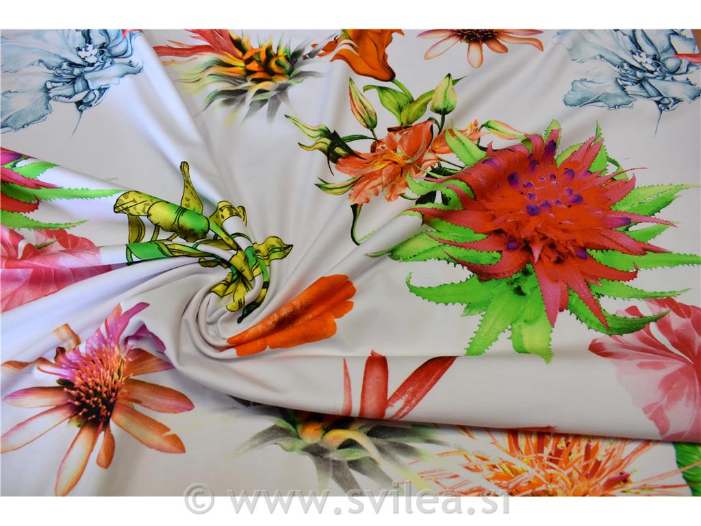 Bombažni jersey - večji cvetovi na beli