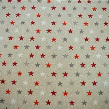 Dekorativno blago - drobne rdeče,sive bele zvezdice na bež