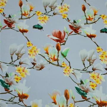 Viskozni jersey - magnolije na nežno modri osnovi